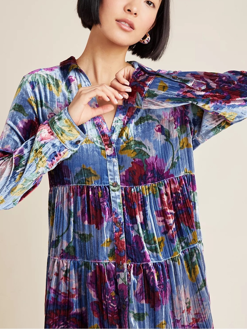 Maeve Multicolor Floral Reverie Tiered-Velvet Tunic Mini Dress